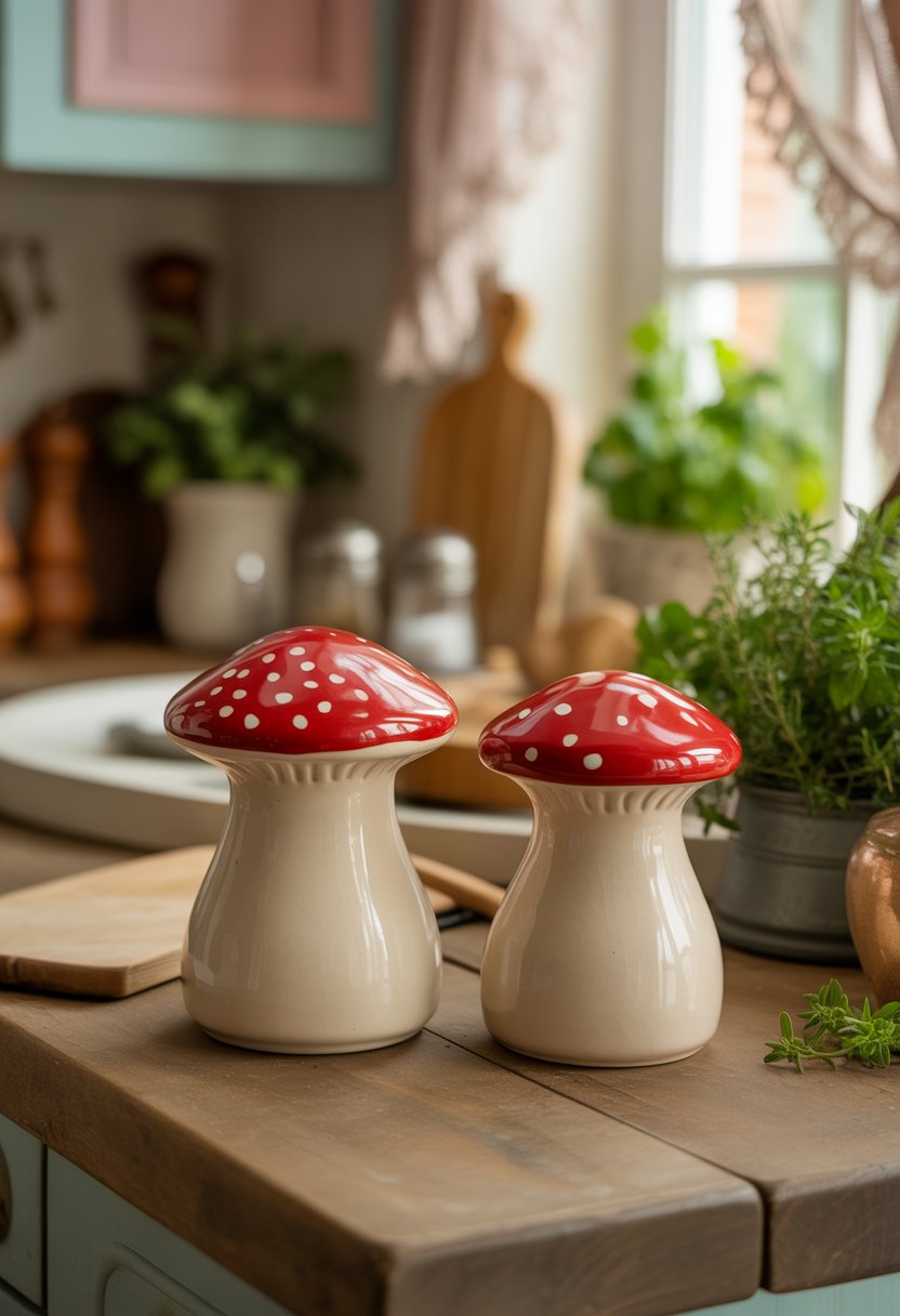 A pair of ceramic toadstool-shaped salt and pepper shakers on a wooden kitchen table surrounded by small potted herbs and kitchen items.