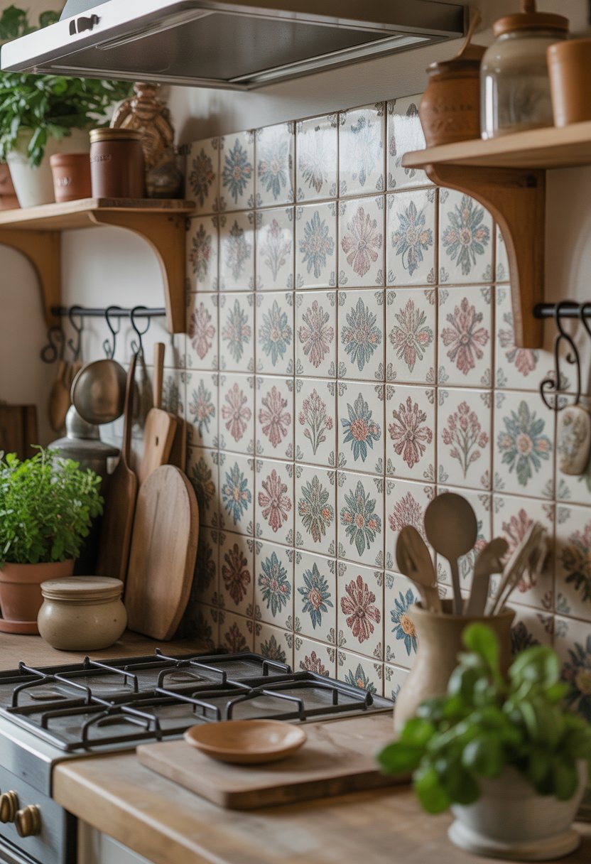 A kitchen backsplash with colorful floral patterned vintage tiles surrounded by rustic kitchen decor including wooden shelves and potted herbs.
