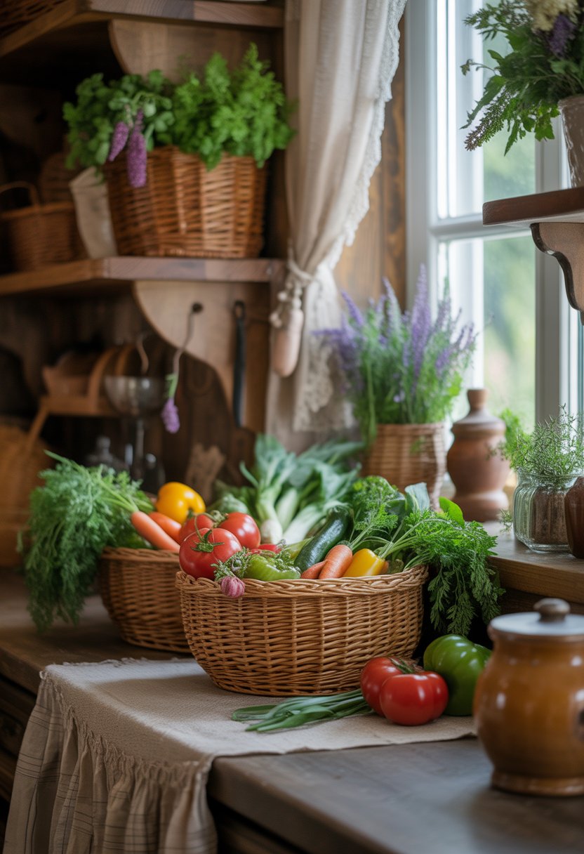 Handwoven baskets filled with fresh vegetables displayed on wooden shelves in a cozy kitchen.