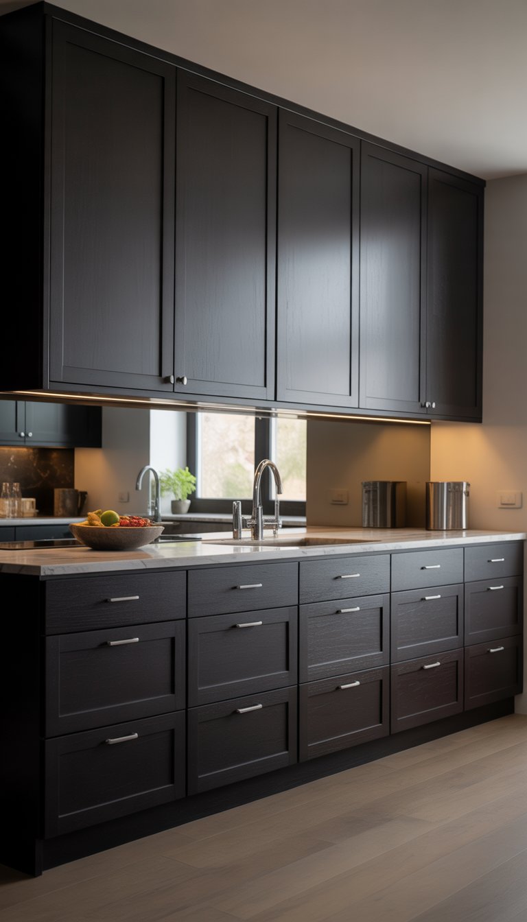 A modern kitchen with seven black cabinets, a light marble countertop, and stainless steel appliances.
