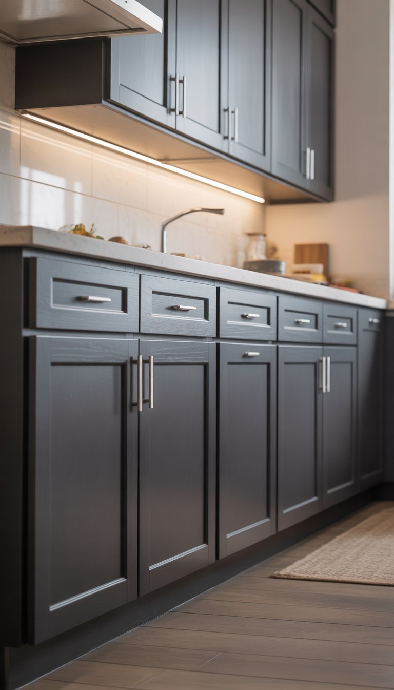 A kitchen with seven black base cabinets arranged along a wall beneath a countertop, illuminated by natural light.