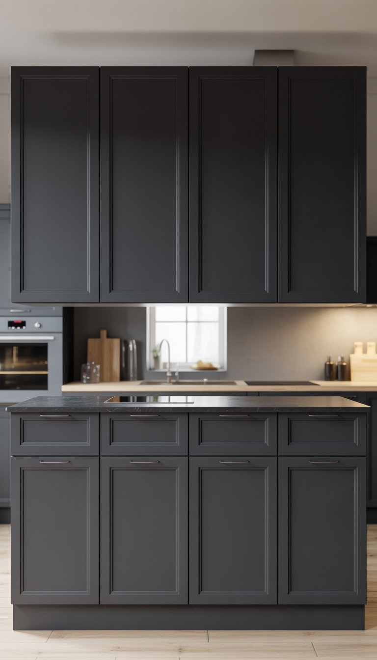A modern kitchen with seven black matte cabinets and a light countertop.