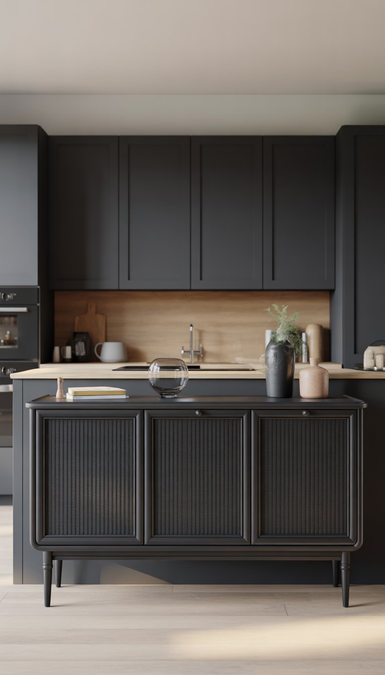 A modern kitchen with a black rattan sideboard buffet and seven black kitchen cabinets in a bright, clean space.