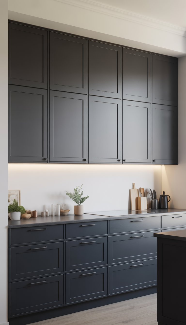 A kitchen with seven black cabinets against white walls.