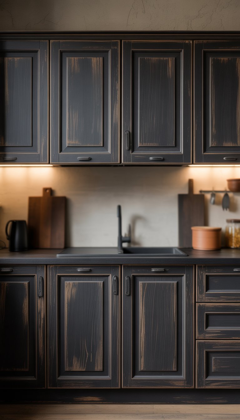 A kitchen with seven black wooden cabinets and a black countertop, illuminated by natural light.