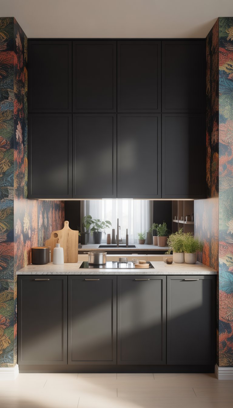 A kitchen with seven black cabinets and bold patterned wallpaper on the walls.