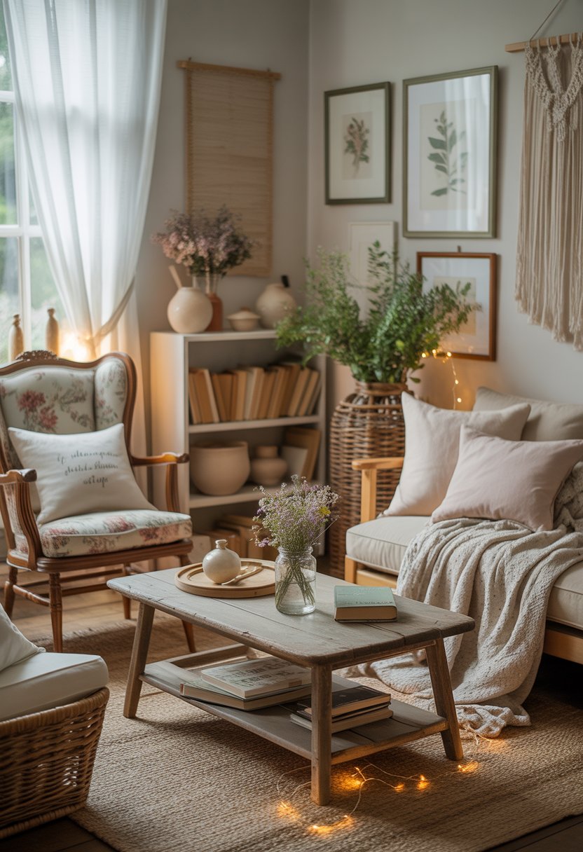 A cozy living room with vintage wooden furniture, floral cushions, plants, and soft natural light creating a warm and inviting space.