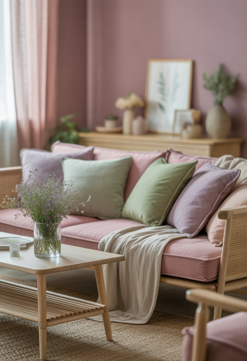A cozy living room with pastel-colored walls and cushions, wooden furniture, a coffee table with flowers, and soft natural light.