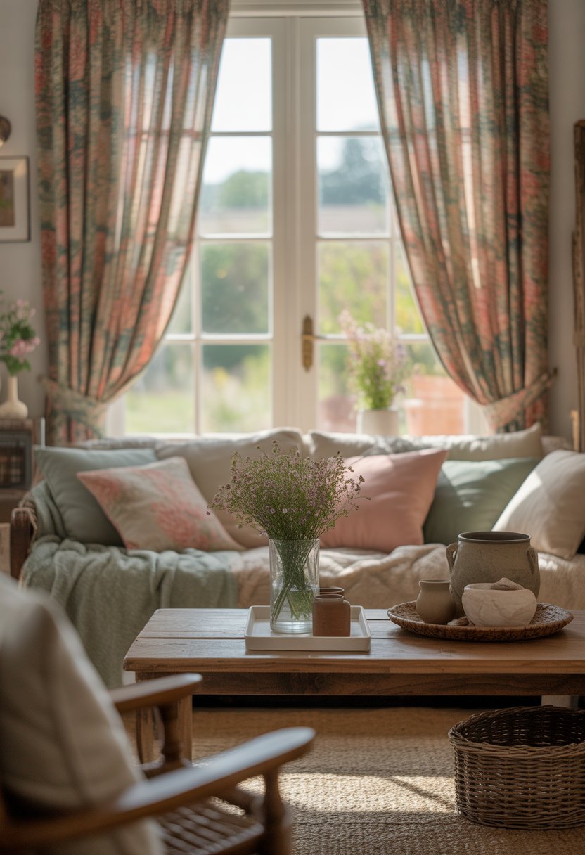 A cozy living room with floral curtains, comfortable seating, a wooden coffee table with flowers, and natural light coming through a window.
