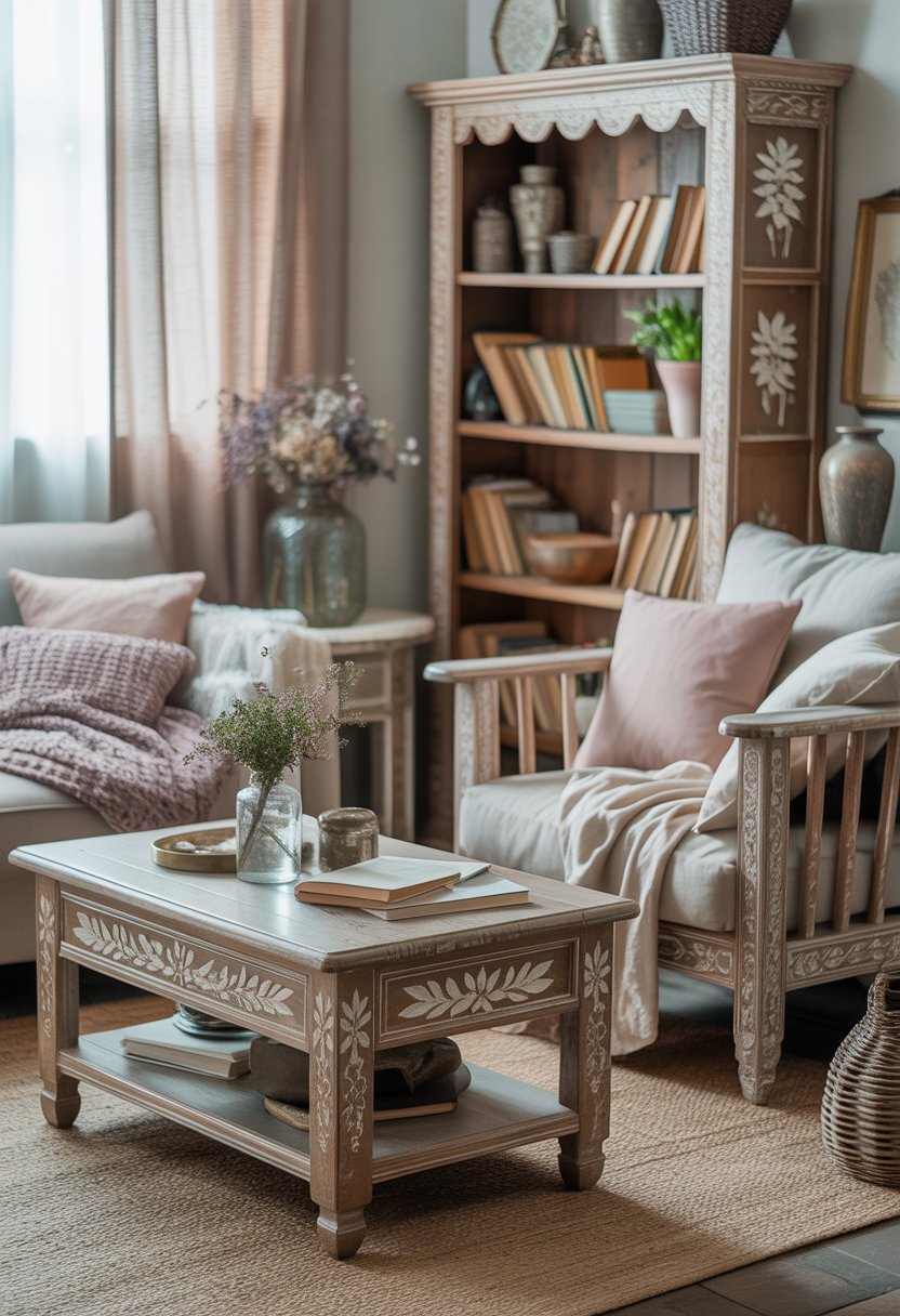 A cozy living room with weathered wooden furniture, soft cushions, plants, and natural light coming through sheer curtains.
