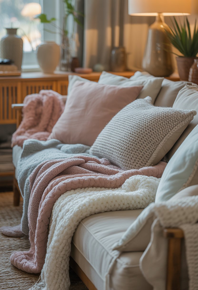 A cozy living room with a sofa covered in plush throw blankets and knitted pillows, warm natural light, wooden furniture, and decorative plants.