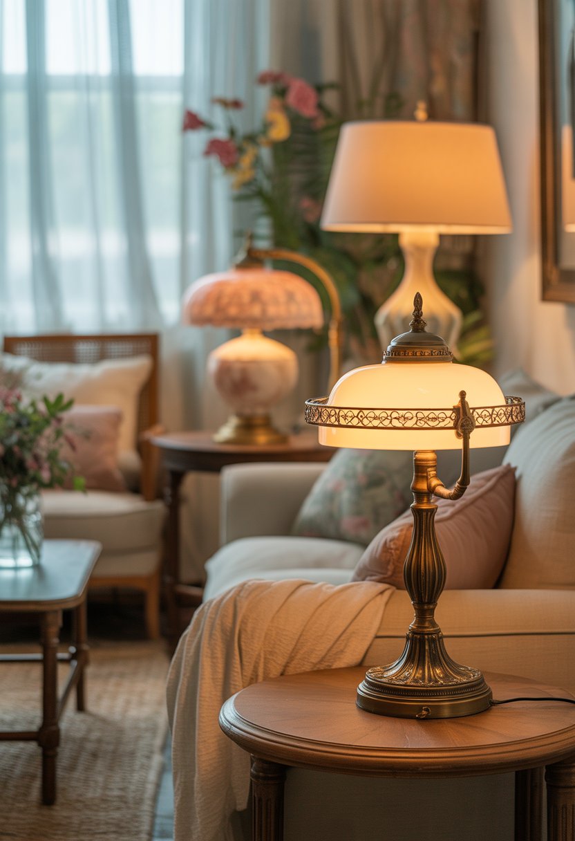 A cozy living room with antique-style lamps casting warm, soft light over comfortable seating and wooden furniture.