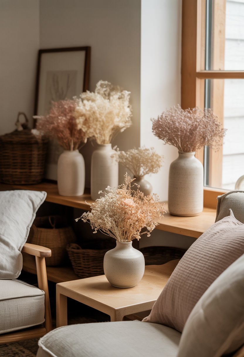 A living room corner with ceramic vases holding dried flower bouquets on a wooden shelf and table, with soft natural light and neutral decor.