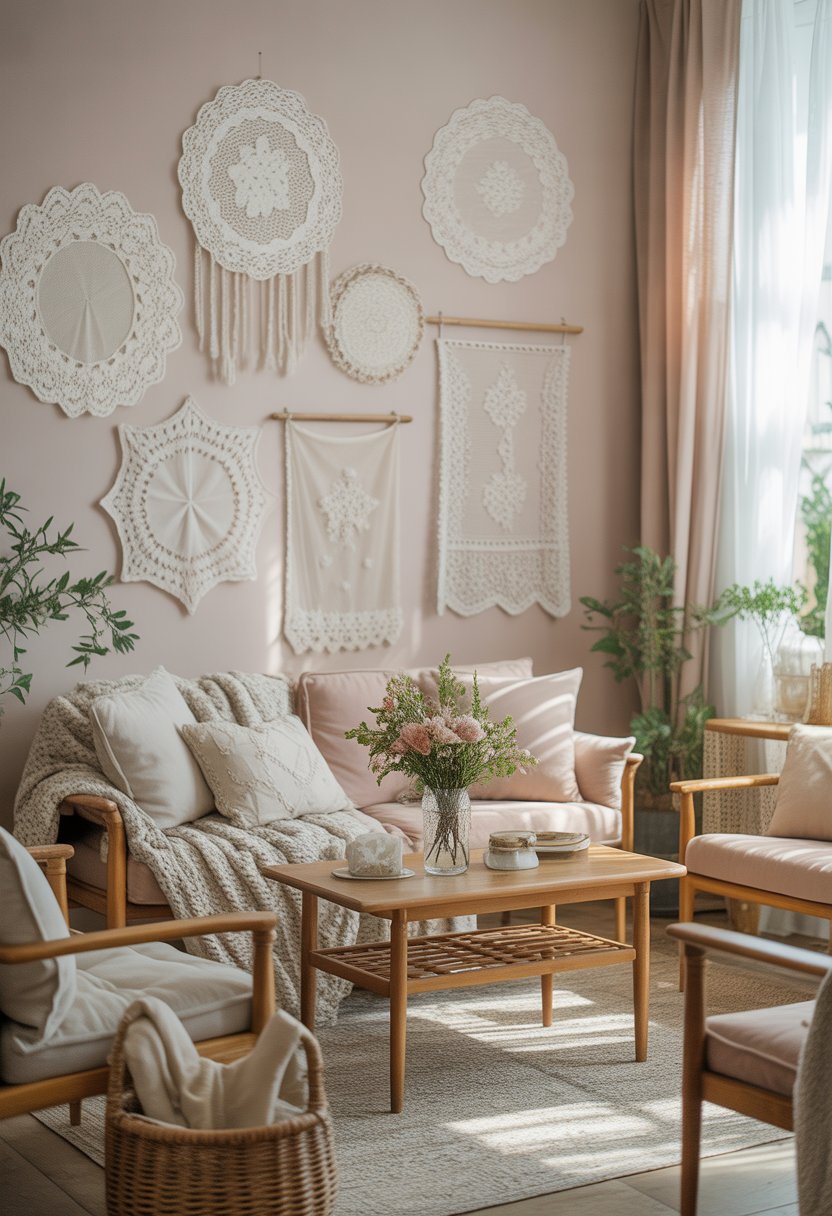 A cozy living room with lace doilies and embroidered wall hangings on the walls, comfortable seating, a wooden coffee table with flowers, and natural light coming through sheer curtains.