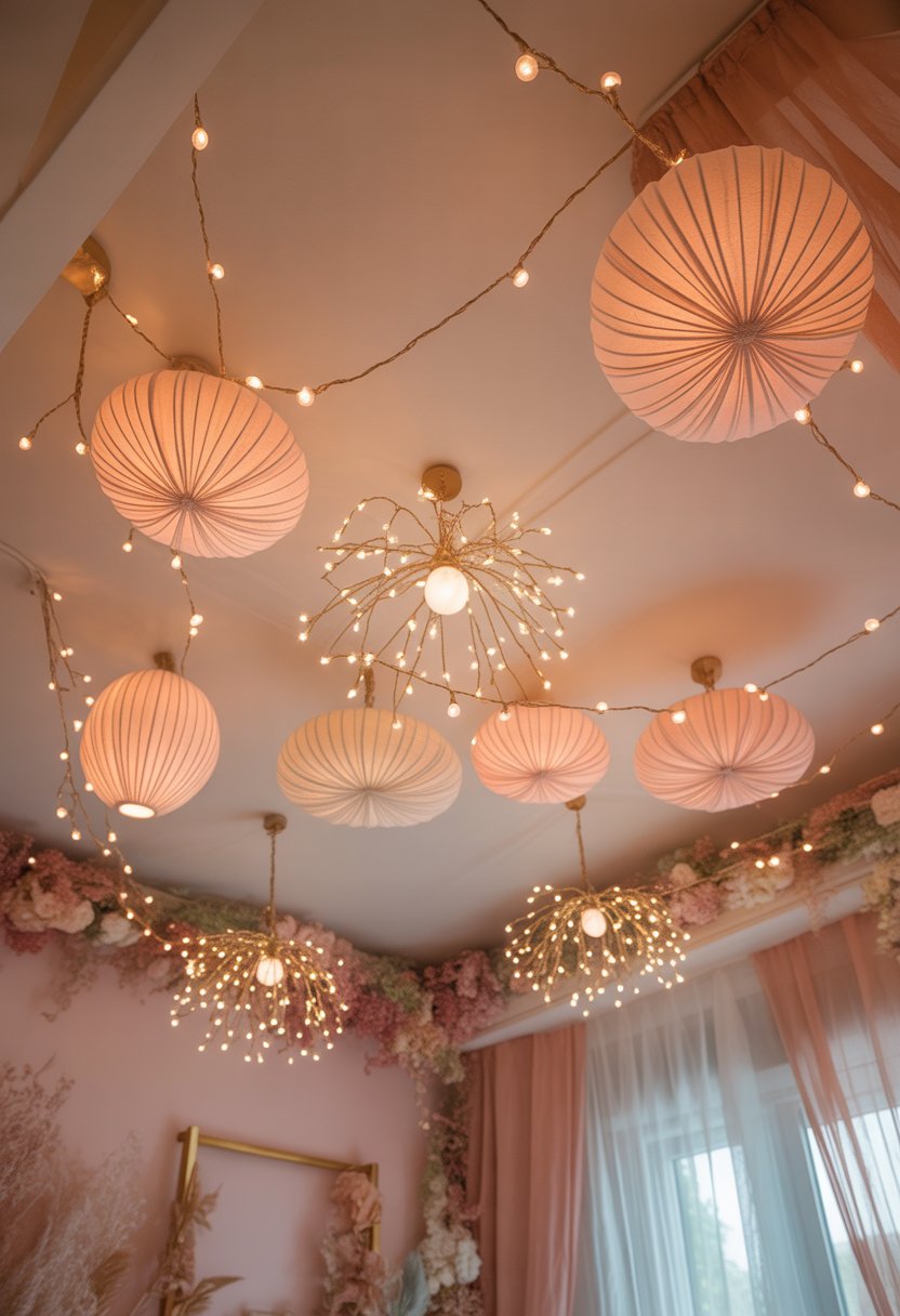 A softly lit room with string and fairy lights hanging from the ceiling, creating a warm and cozy atmosphere.