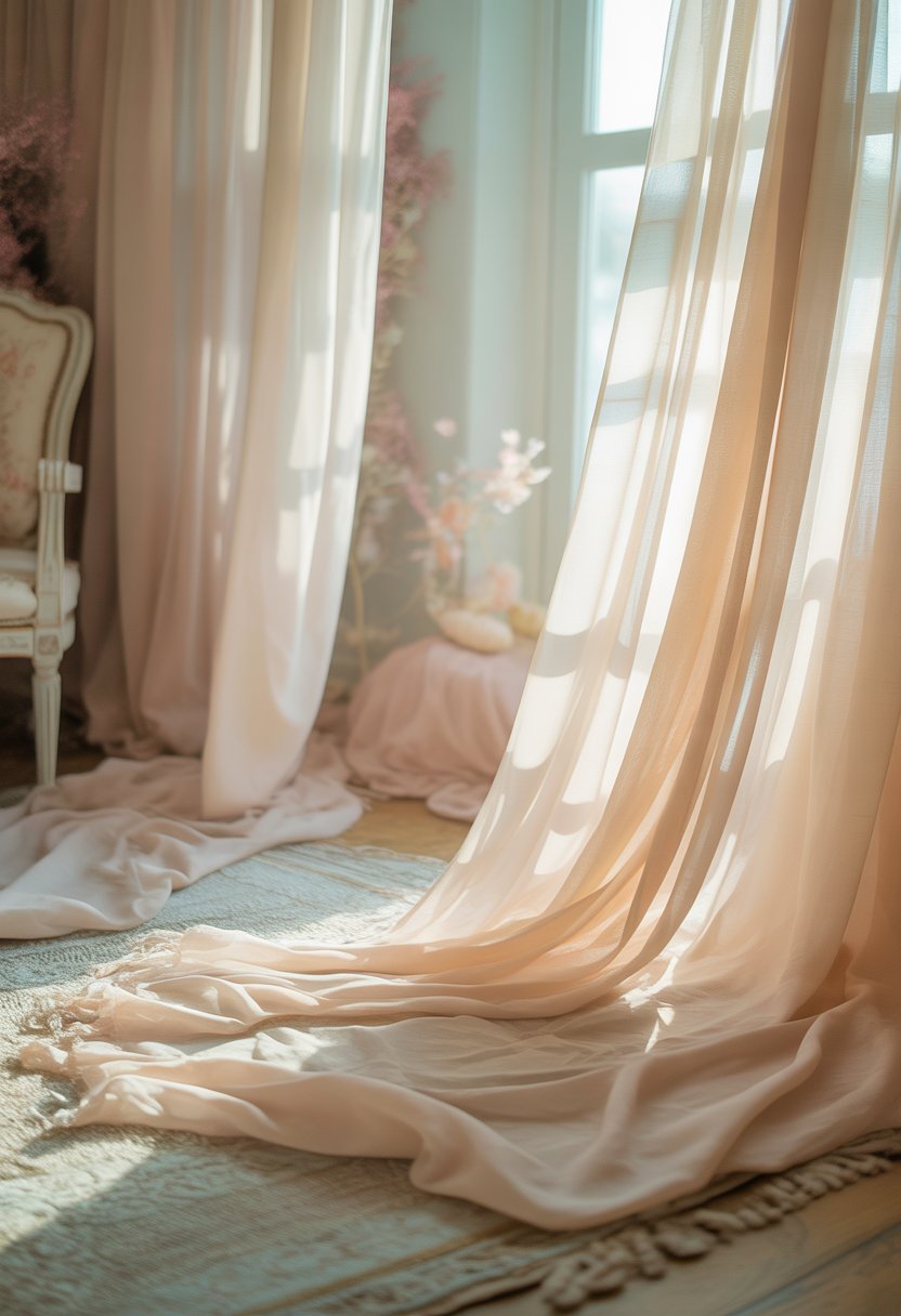 A bright room with sheer white curtains flowing gently in the breeze and soft natural light filling the space.