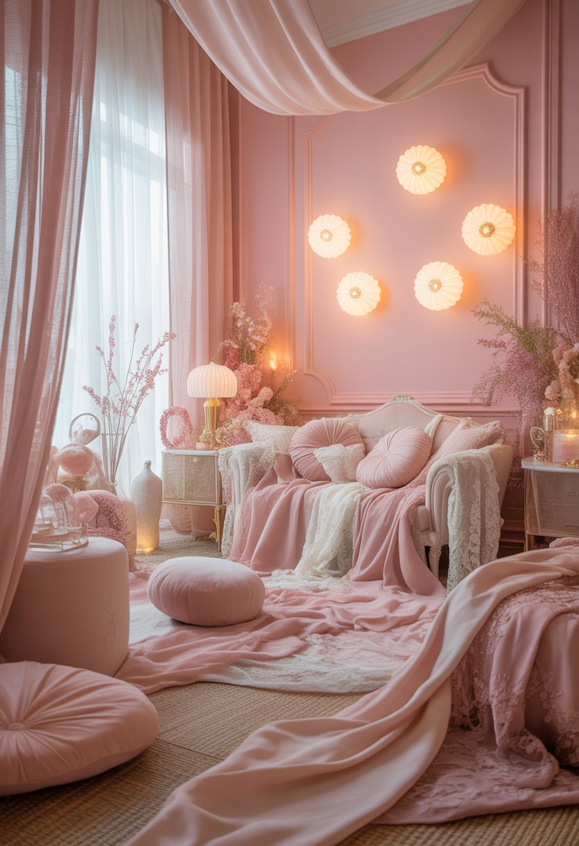 A softly lit room with pastel pink and blush walls, featuring elegant furniture, cushions, sheer curtains, and floral decorations.