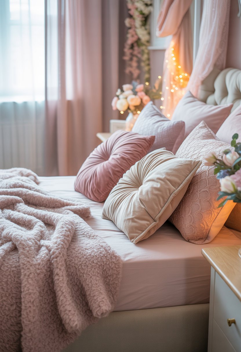 A softly lit bedroom with a bed covered in tufted pillows and plush throws, surrounded by light pastel decor and natural light coming through sheer curtains.