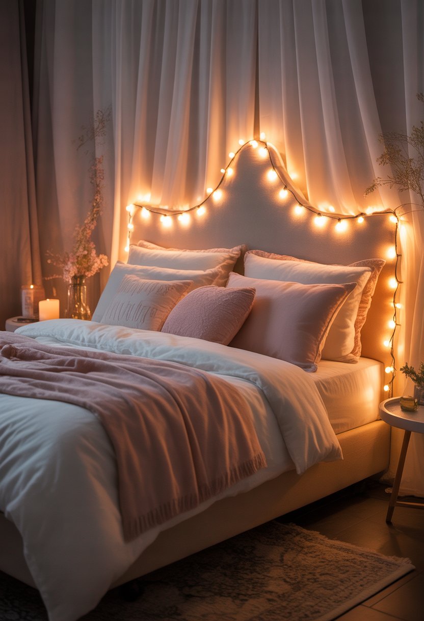 A cozy bedroom with warm fairy lights wrapped around the bed frame, soft bedding, and gentle ambient lighting.
