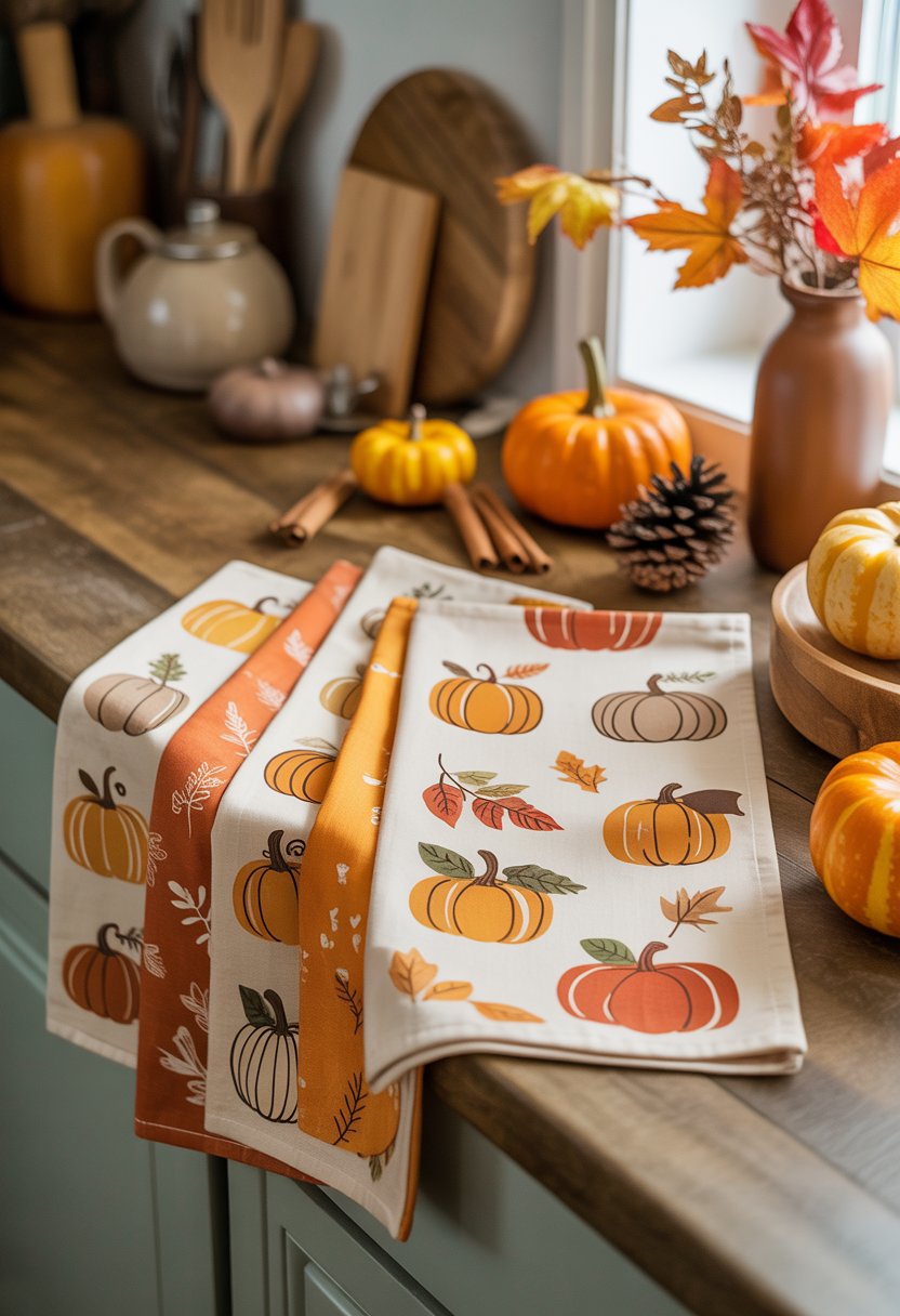 A kitchen countertop with pumpkin-themed tea towels featuring cute fall prints, surrounded by small pumpkins, cinnamon sticks, pinecones, and autumn leaves.
