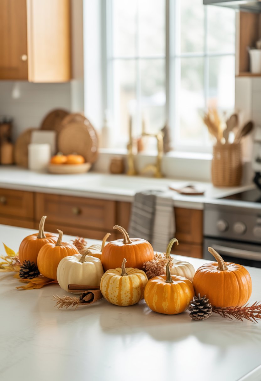 Kitchen island decorated with mini pumpkin centerpieces and autumn accents in a warm, cozy kitchen.