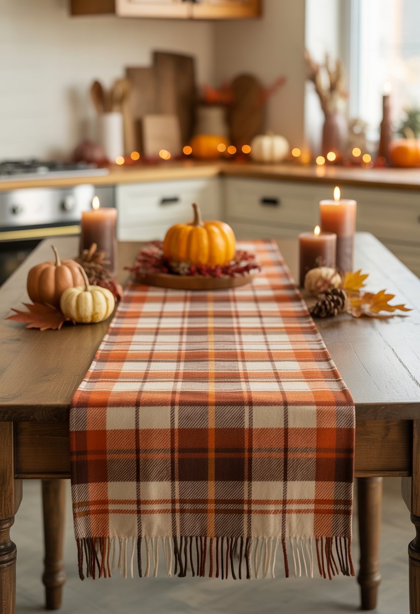 A kitchen dining table with a warm-toned plaid table runner and autumn decorations including pumpkins, dried leaves, and candles.