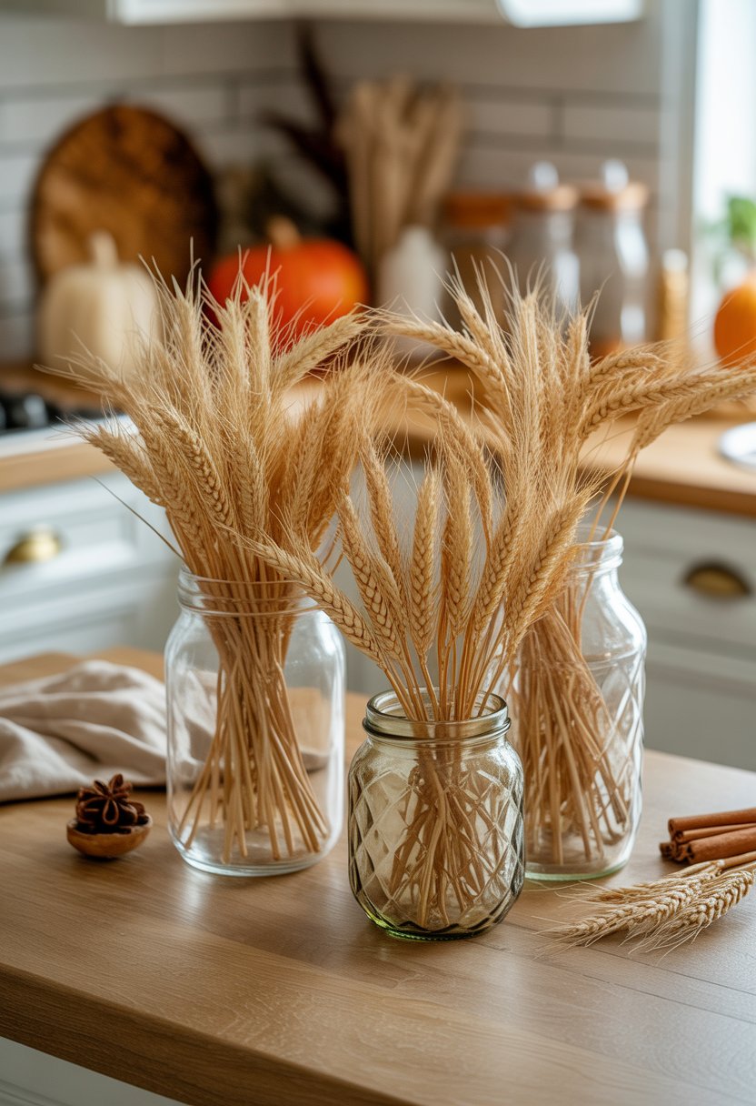 Several rustic glass jars filled with dried wheat bundles arranged on a wooden kitchen countertop with autumn decorations in the background.