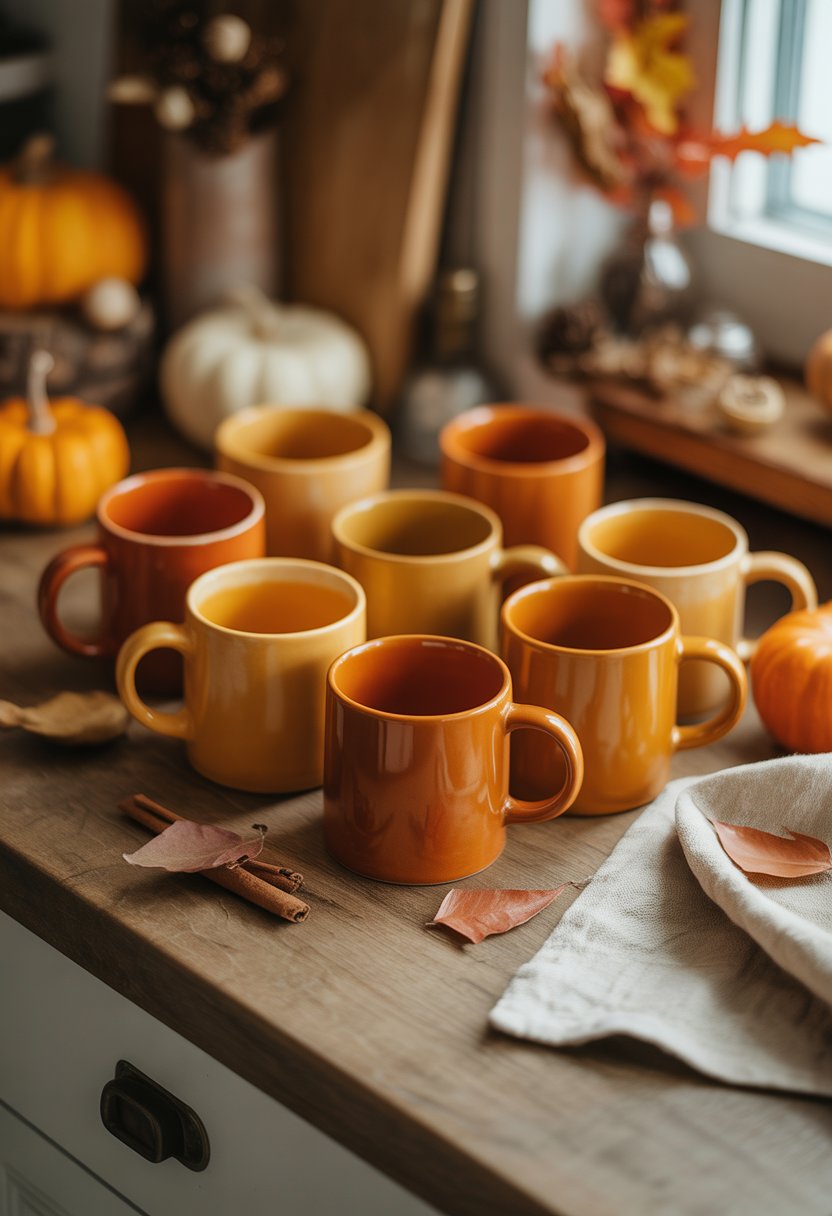 Eight orange and mustard-colored ceramic mugs arranged on a wooden kitchen countertop with fall decorations like pumpkins and dried leaves.
