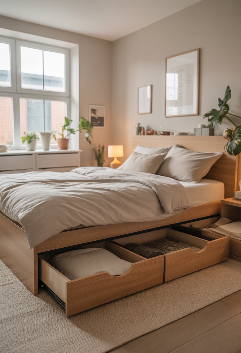 A small bedroom with a bed that has storage drawers underneath, a bedside table with a lamp, plants, and a window letting in natural light.