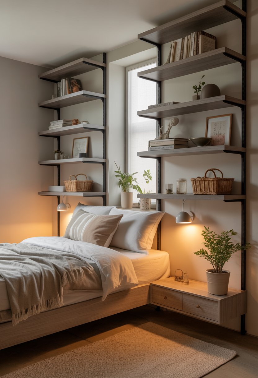 Small cozy bedroom with vertical wall shelves holding books and decor, a bed, and a potted plant near a window.