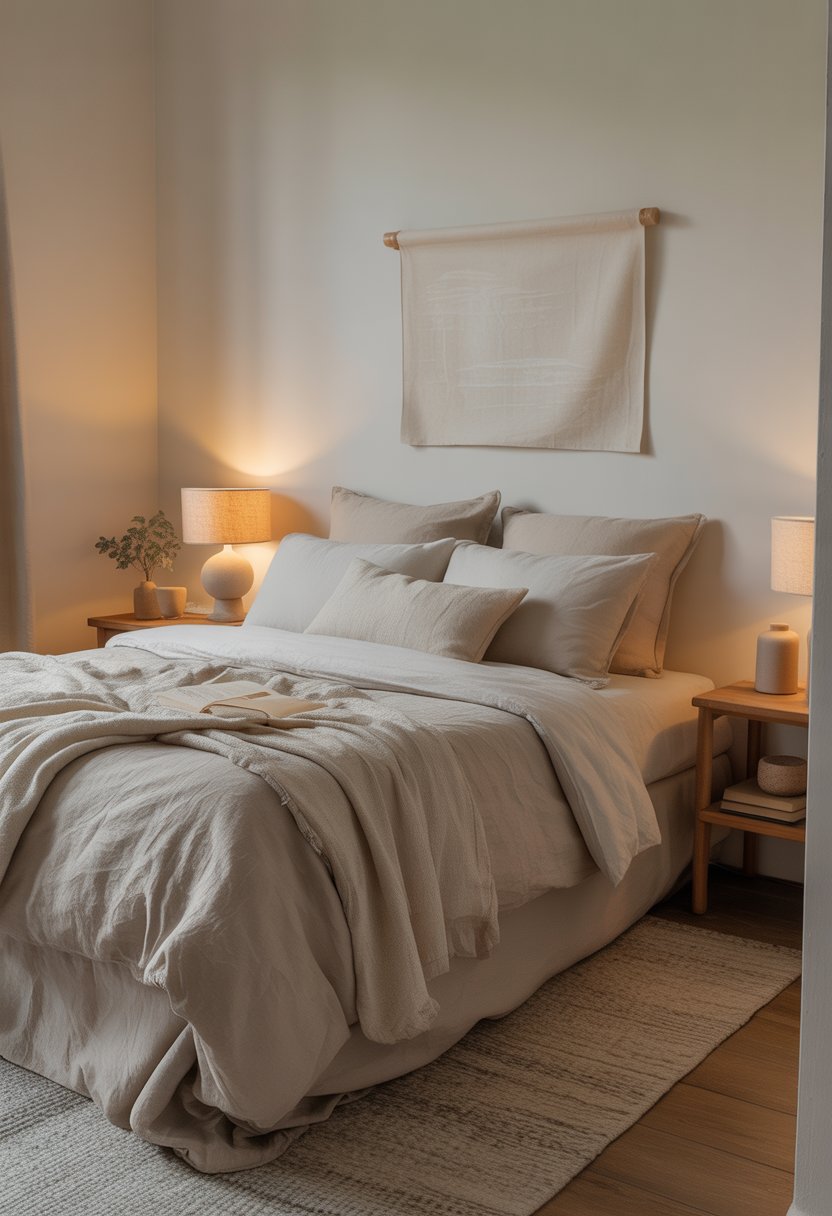 A small bedroom with a neatly made bed, soft neutral colors, a bedside lamp, a wooden nightstand with a plant and book, and a light-colored rug on the floor.