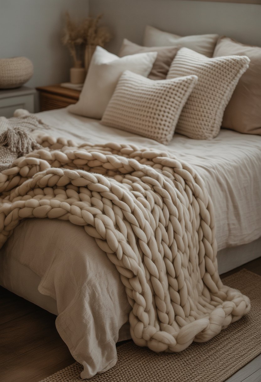 A small bedroom with a bed covered in chunky knit blankets and soft throw pillows, creating a cozy and simple atmosphere.