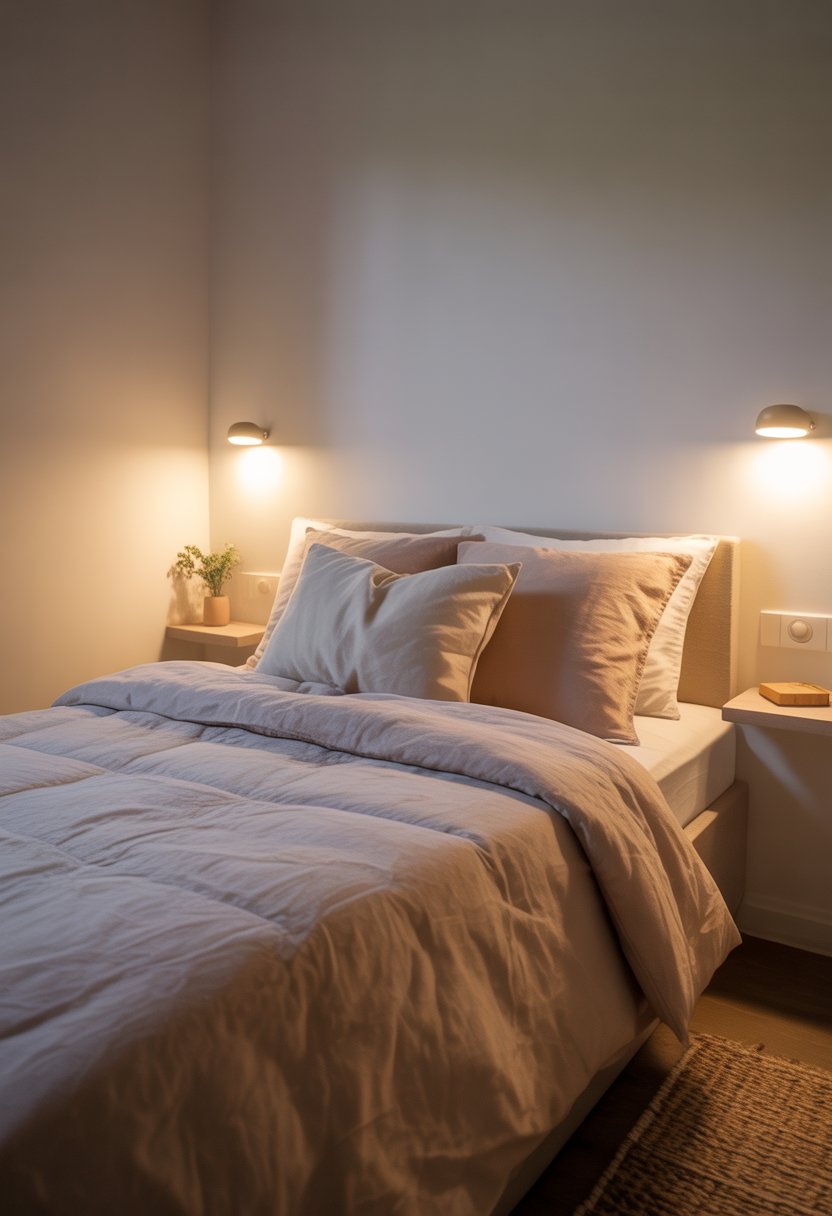 Small bedroom with a bed illuminated by wall-mounted lamps, showing a cozy and uncluttered space without bedside tables.