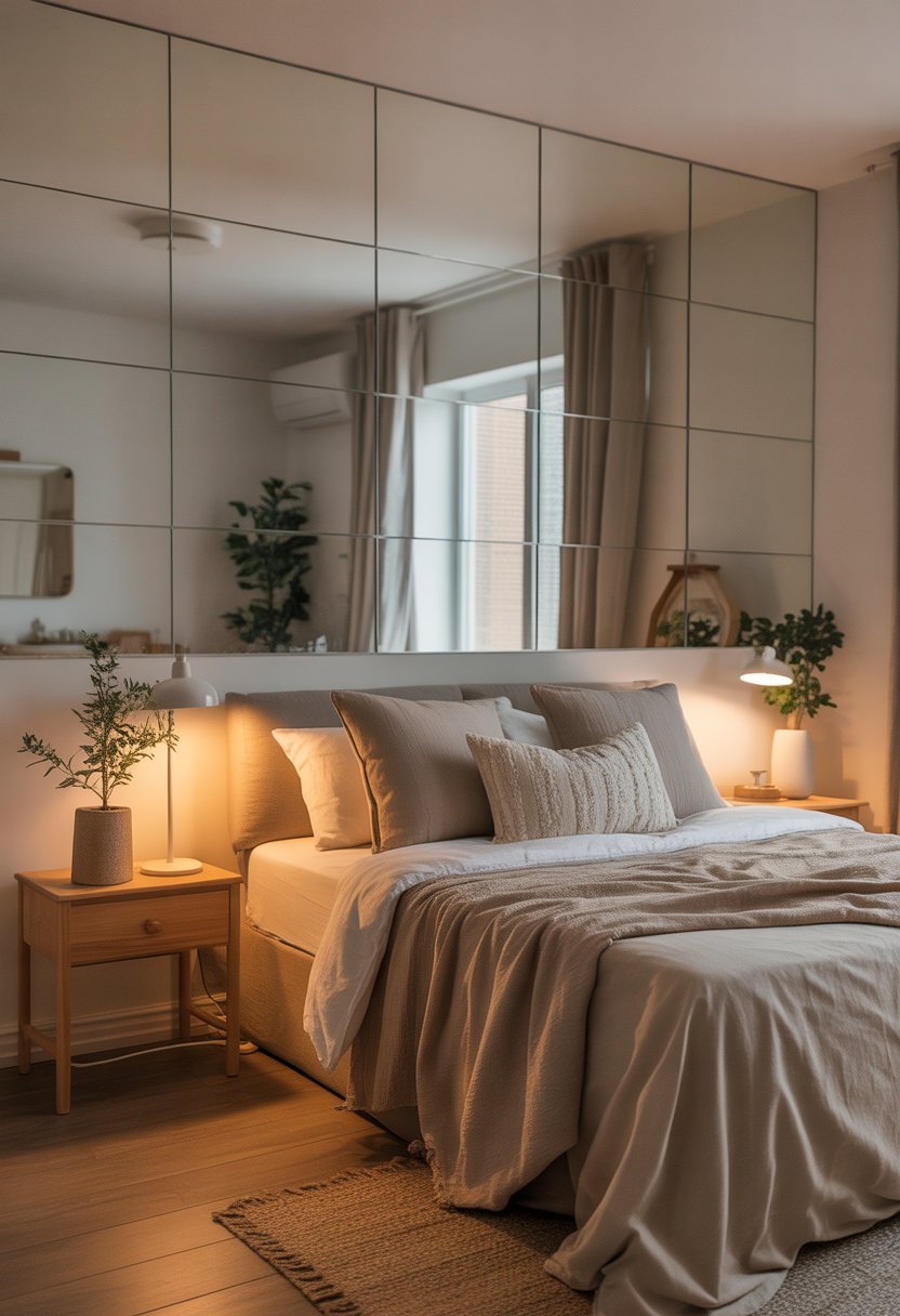 A small cozy bedroom with a bed, mirrors reflecting light, and simple furniture creating a bright and spacious feel.
