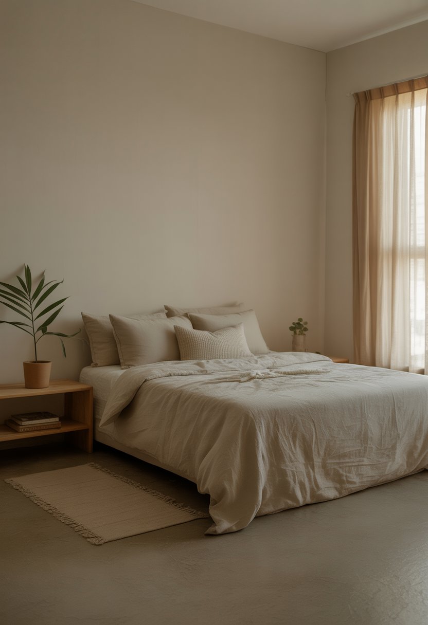 A small bedroom with a neatly made bed, a nightstand with a plant, and soft natural light through a window.