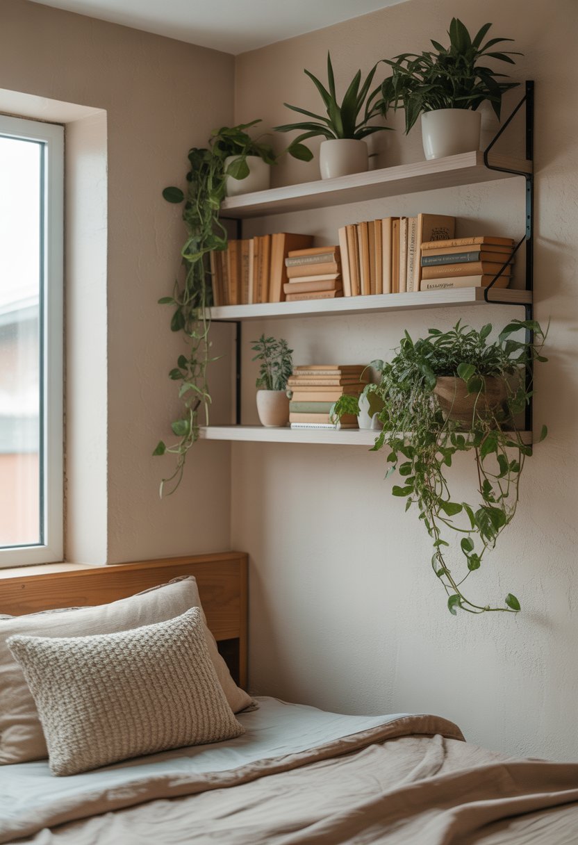 Small bedroom with floating shelves holding plants and books above a bed.