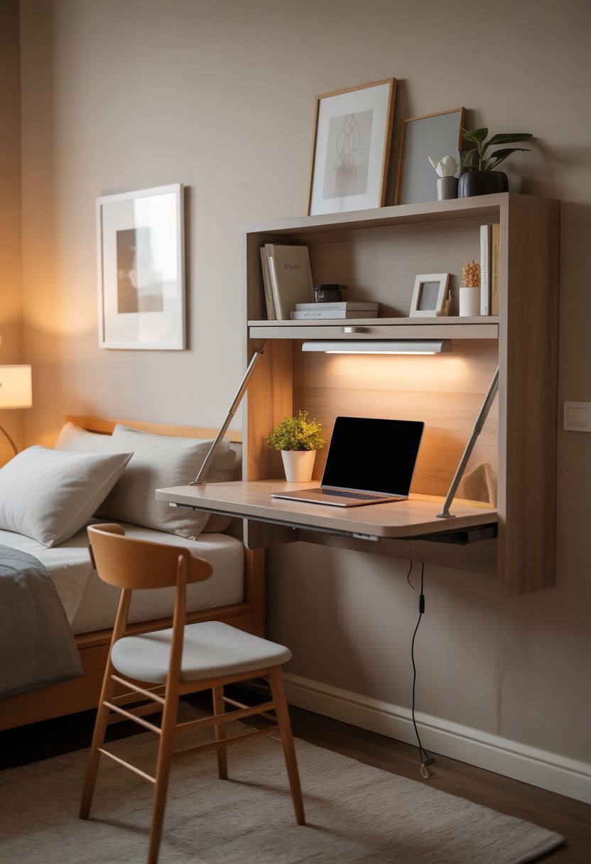 A small bedroom with a wall-mounted foldable desk set up as a home office workspace, featuring a laptop, plant, and simple decor.