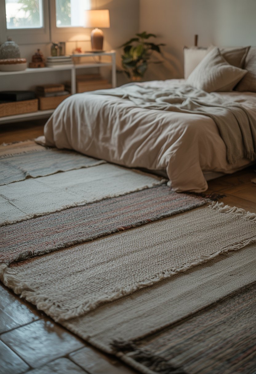 A small bedroom with layered rugs on the floor, a neatly made bed, a bedside table with a lamp, and a potted plant.