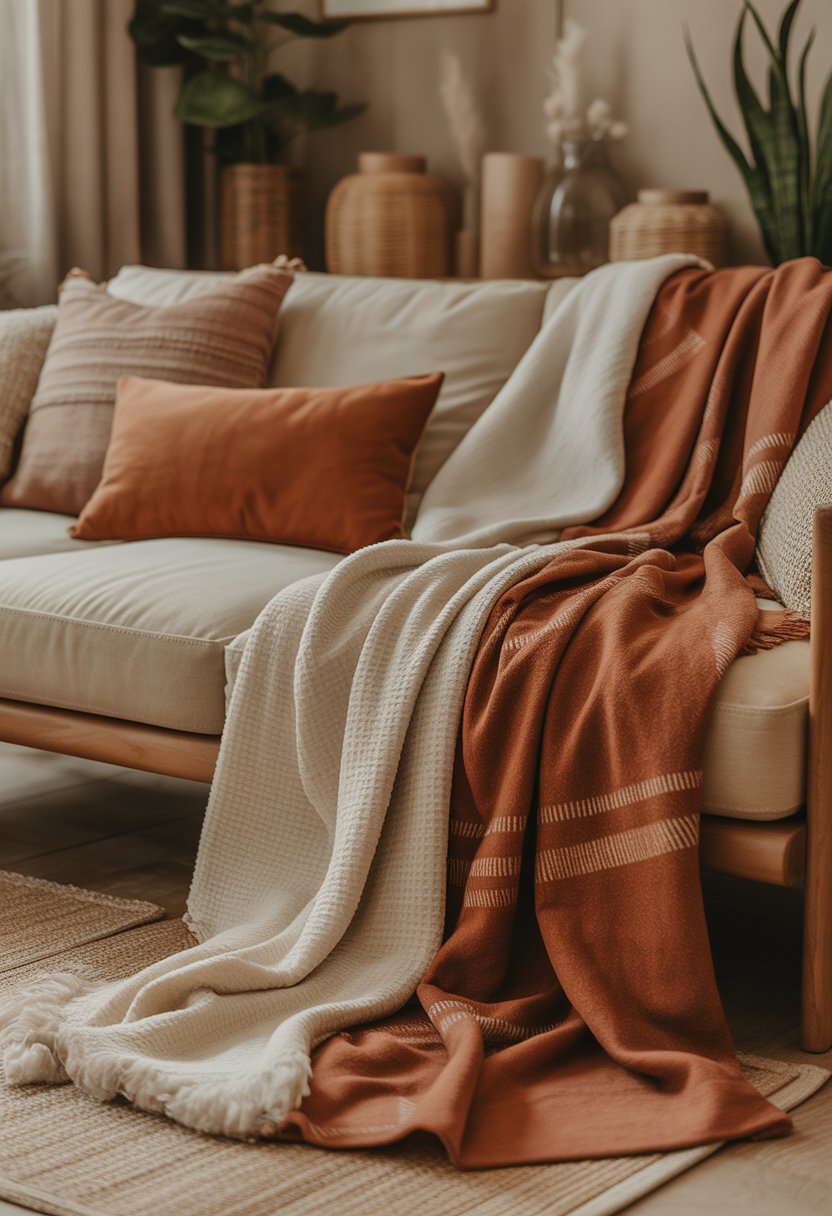 A cozy living room with warm beige and terracotta blankets on a sofa, surrounded by earthy-toned decor and soft lighting.