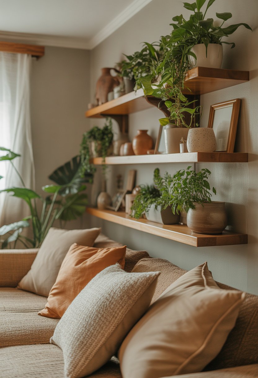 A cozy room with floating shelves holding indoor plants, warm earthy colors, and comfortable furniture.