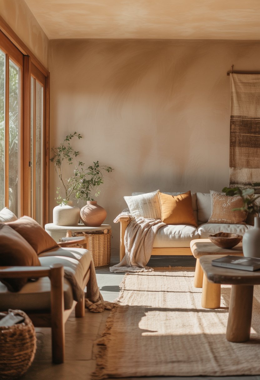 A cozy living room with beige walls, comfortable seating, wooden furniture, plants, and natural light.
