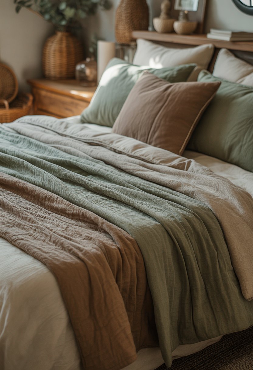 A cozy bedroom with layered green and brown bedding and natural decor elements.