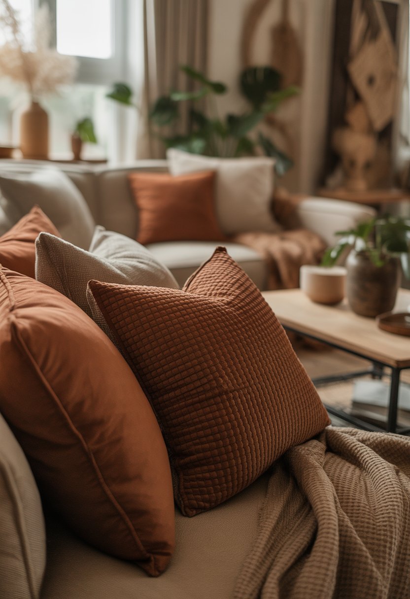 A cozy living room with textured rust and sandy beige pillows on a sofa, surrounded by earthy toned decor and natural light.