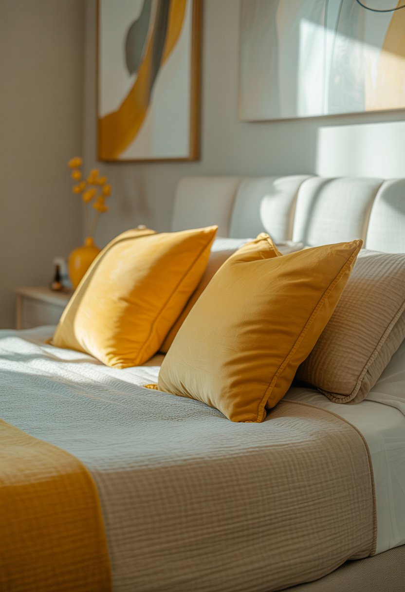 A master bedroom with a neutral bedspread and yellow throw pillows on the bed.