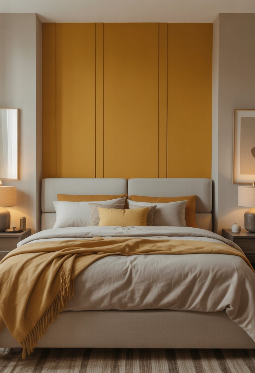 Master bedroom with a mustard yellow accent wall behind the bed and matching yellow accents in the room.