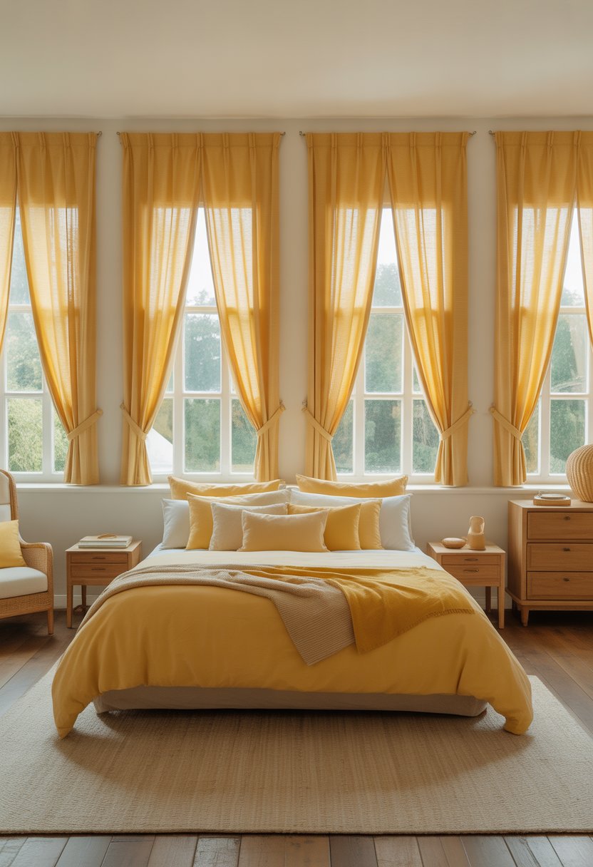 A master bedroom with five large windows covered by yellow curtains, filled with natural light and decorated with yellow accents.