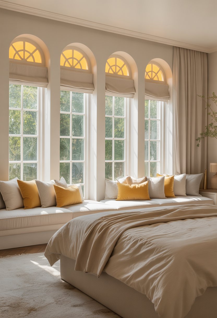 A spacious master bedroom with five windows featuring white and yellow trims, soft yellow accents, and natural light filling the room.