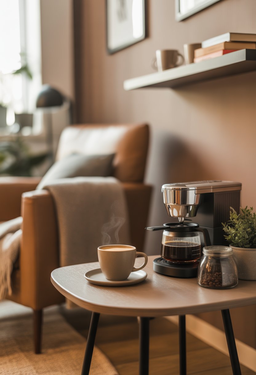 A cozy coffee corner in a living room with a coffee machine, cup of coffee, potted plant, armchair, and decorative shelves.