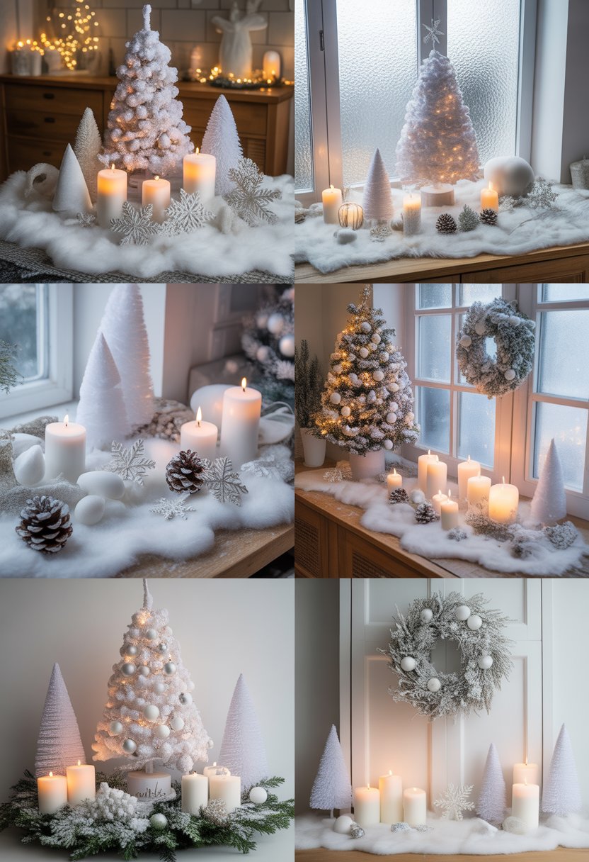 Seven different white winter Christmas decorations arranged in a cozy home setting with snowy elements, white trees, candles, and festive ornaments.