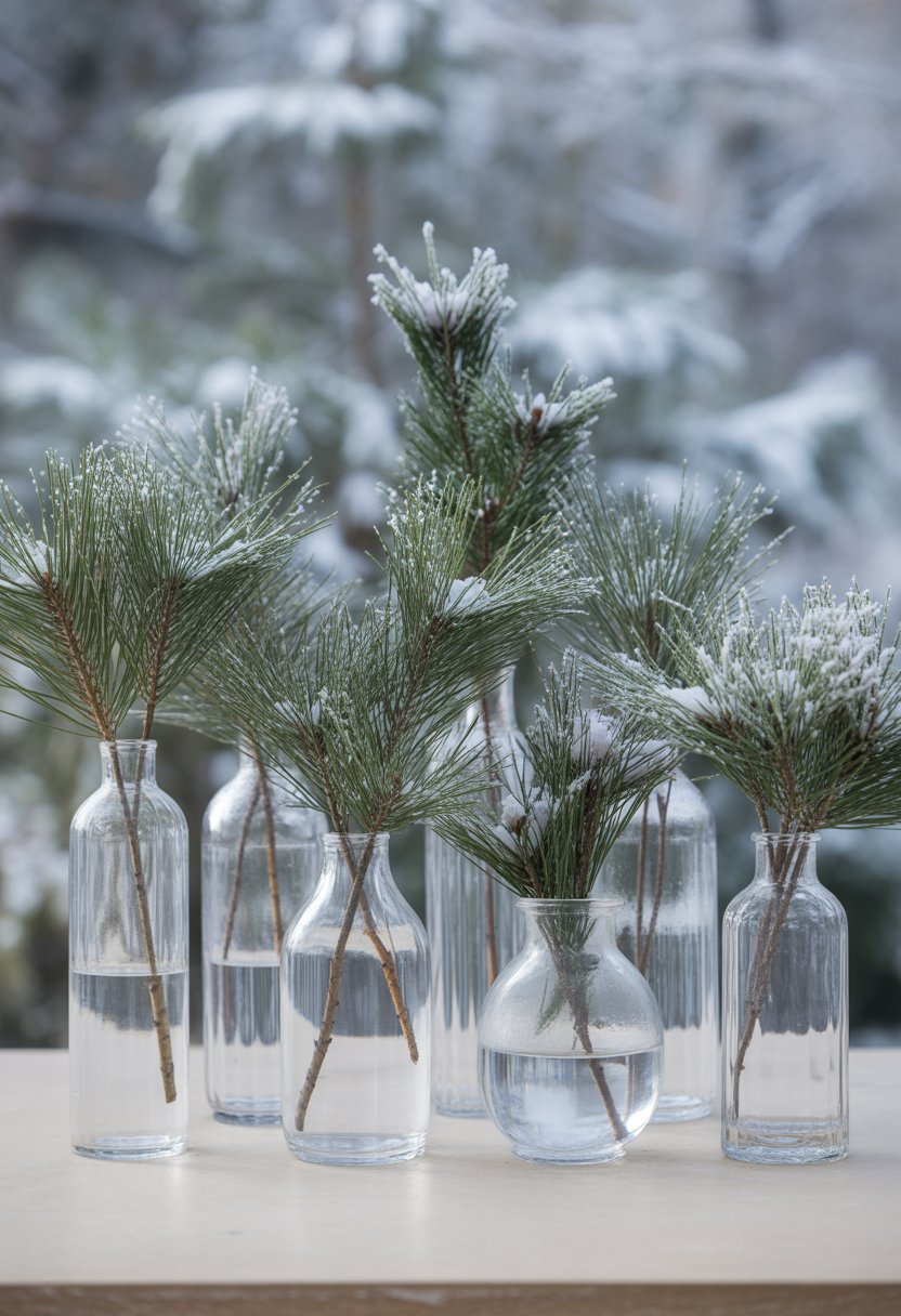 Seven clear glass vases holding snow-dusted pine branches arranged on a wooden surface.